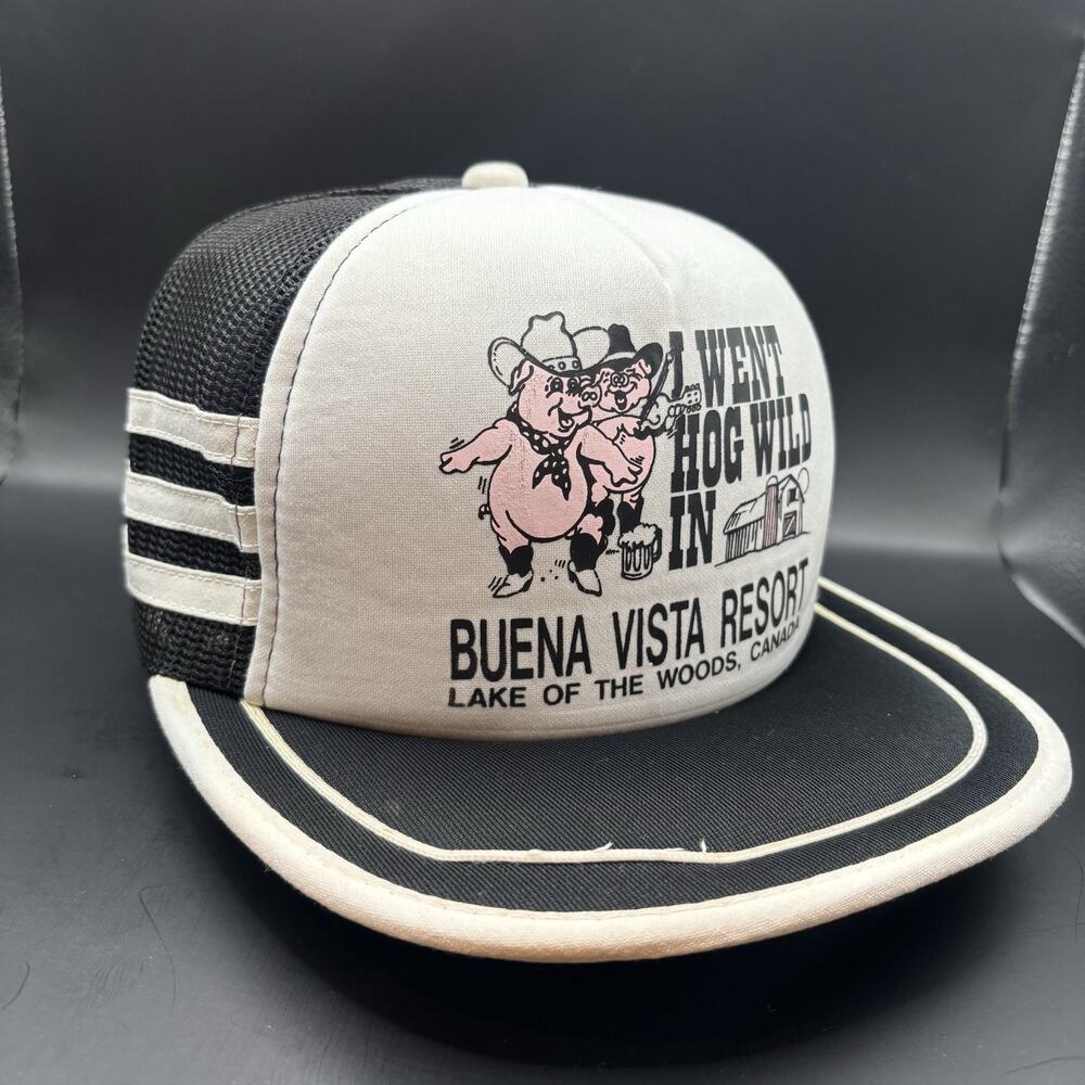Vintage Trucker Hat 3 Striped Lake Of The Woods Fishing Hog Wild Buena Vista 8th